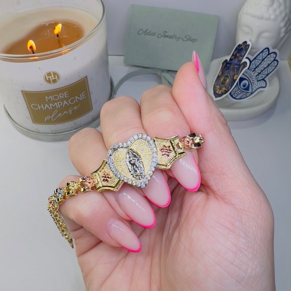 Virgen De Guadalupe Bracelet, Brazilian Gold Bracelet, Virgencita, Religious Gol - Picture 6 of 10